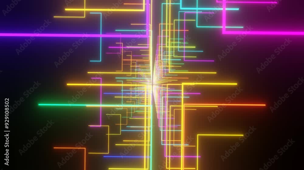 the camera will fly through a dark tunnel with glowing multi-colored squares. 3d render looped animation
