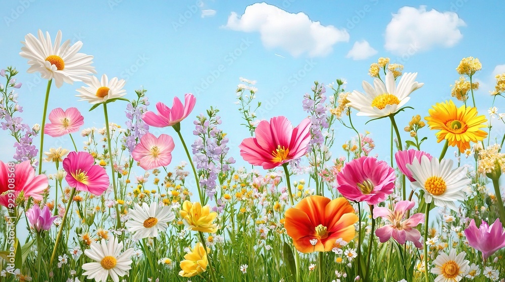 Fototapeta premium A Symphony of Spring Blooms: Vibrant wildflowers dance in a sun-kissed meadow, a breathtaking tapestry of color against a cerulean sky. 