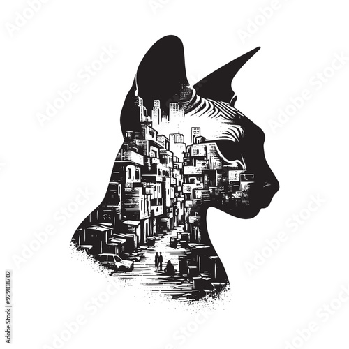 silhouette of Sphynx cat , filled with ghetto street in rough drawing, minimalist,