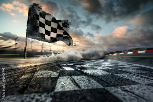 A dynamic shot of a racing flag waving with a racecar