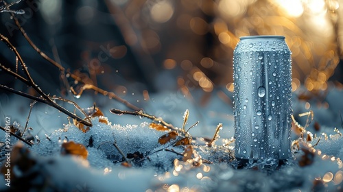 A chilled aluminum can covered in condensation drops, sitting on a snowy forest floor.