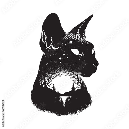 silhouette of Sphynx cat , filled with nature night view in rough drawing, minimalist,