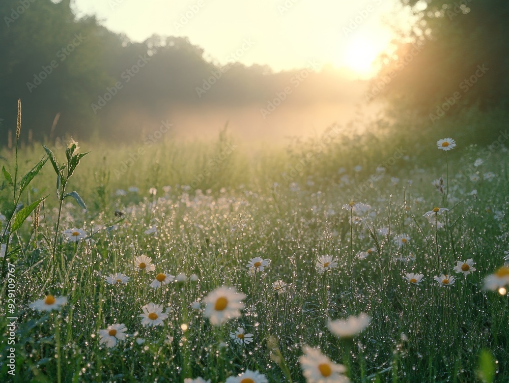 Fototapeta premium Serene Sunrise OverDew-kissed Meadow FilledWildflowers and Tranquility
