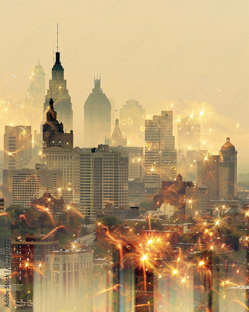 Obraz premium Akron Skyline Cityscape Double Exposure Art Poster - A city with fireworks in the background