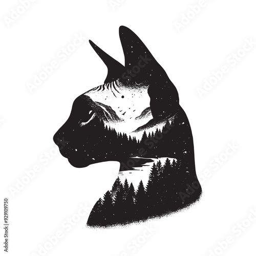 silhouette of Sphynx cat , filled with nature view in rough drawing, minimalist,