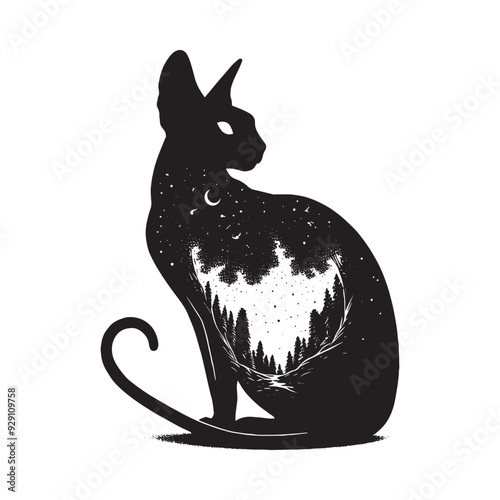 silhouette of Sphynx cat, filled with nature night view in rough drawing, minimalist,