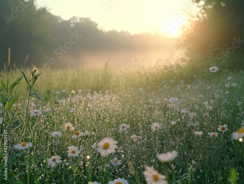 Serene Sunrise OverDew-kissed Meadow FilledWildflowers and Tranquility photo