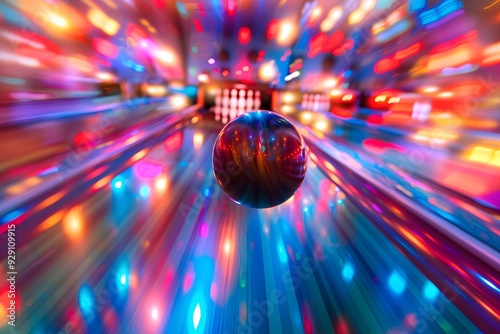 A close up of a bowling ball in midroll with motion photo