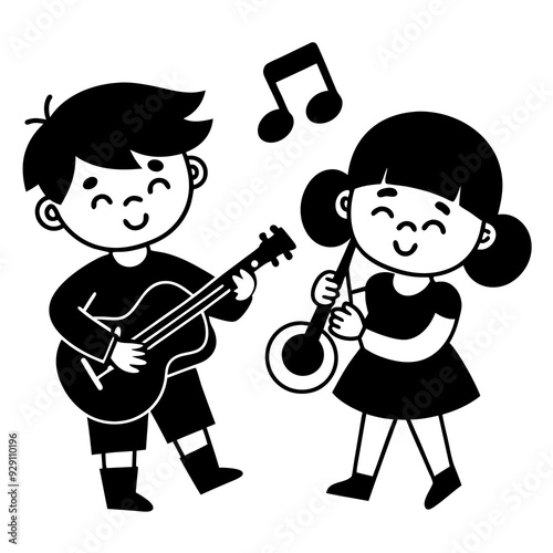 Kids and music children playing musical instrument illustration