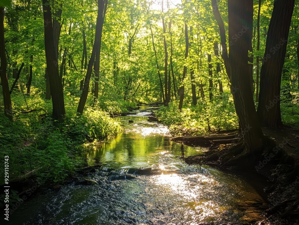 Obraz premium Tranquil Summer Forest SceneSunlight Filtering Through Lush Greenery