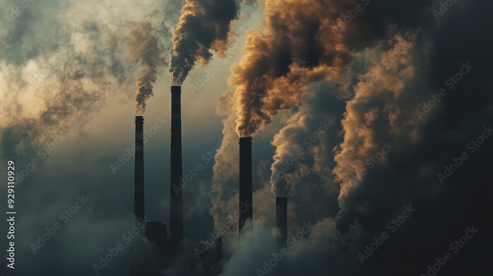 Obraz premium Thick smoke billows from multiple factory chimneys as dusk settles, creating an ominous atmosphere
