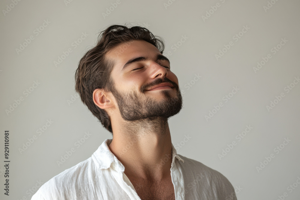 A close up of a man's face with his eyes closed