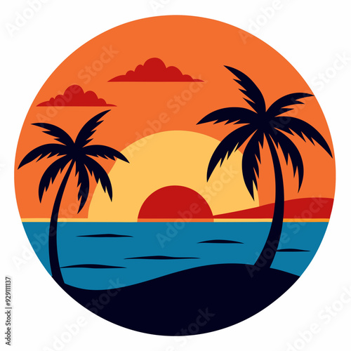 Sea beach at sunset with palm trees vector illustration 