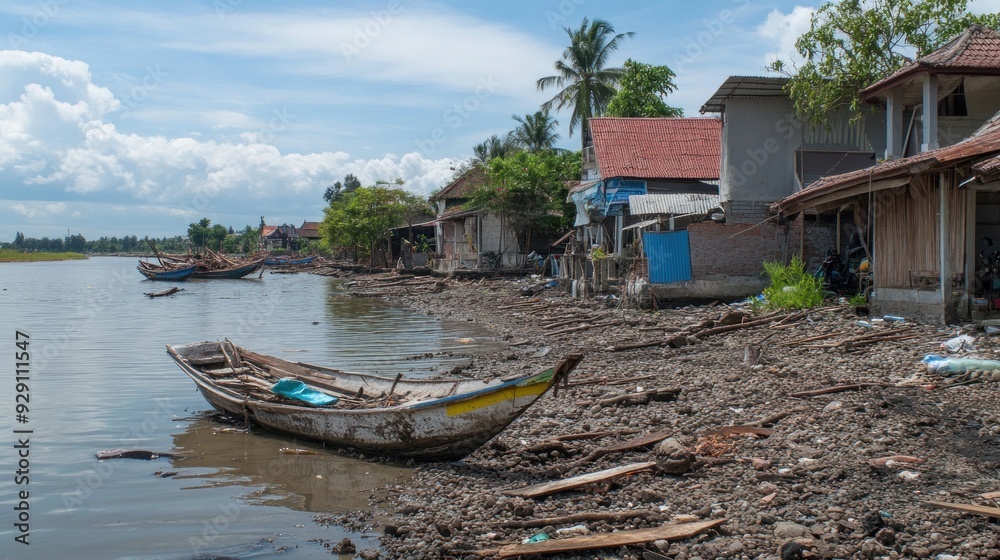 Fototapeta premium A Row of Homes on a Riverbank with Boats and Debris