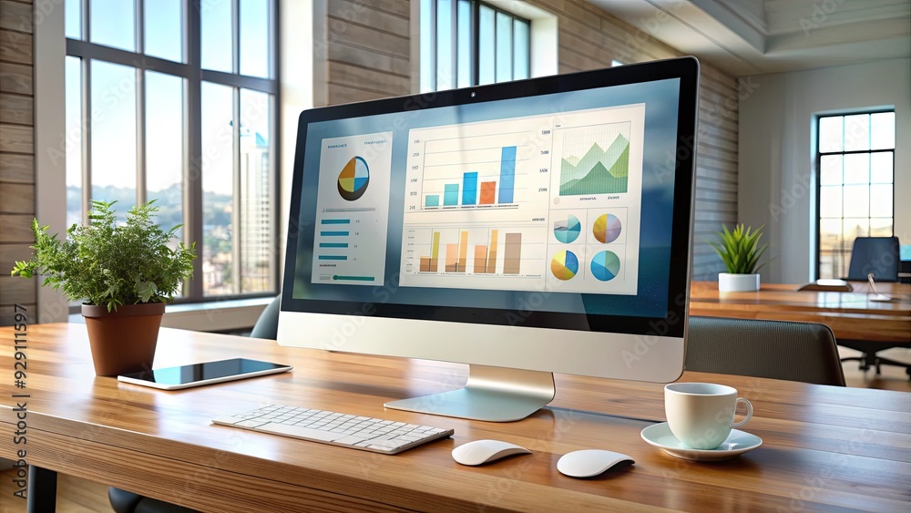 Fototapeta premium Sleek modern computer screen displaying a presentation software interface with tabs, buttons, and slides, surrounded by a clutter-free desktop background.