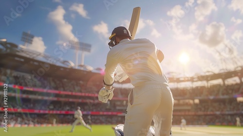 Close-up shot of a cricket player hitting the ball in a front view action shot. Close-up shot of a cricket player hitting the ball in a front view action shot.