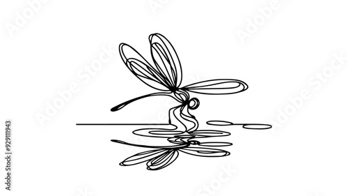 dragonfly hovering above water single line drawing 