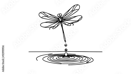 dragonfly hovering above water line art drawing