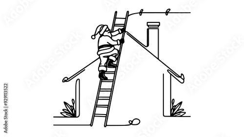 Santa climbing a ladder one line illustration