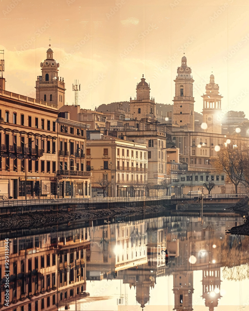 Obraz premium Albacete Artful Fusion: Historic and Modern Elements - A river with buildings and trees in the background