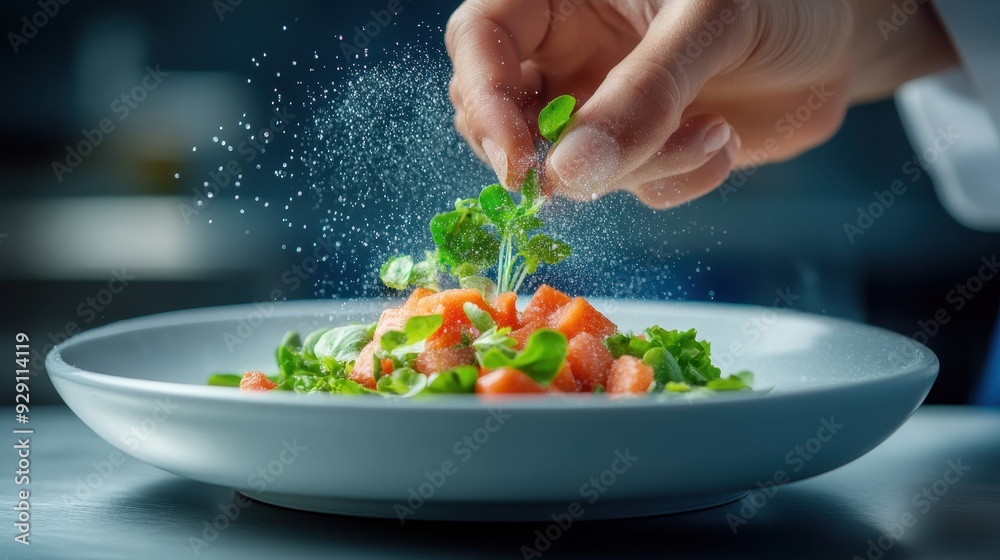 A chef sprinkles fresh herbs on a vibrant salad, enhancing the dish's flavor and presentation in a professional kitchen setting. A chef sprinkles fresh herbs on a vibrant salad, enhancing the dish's flavor and presentation in a professional kitchen setting.