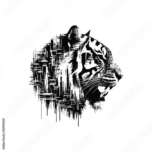 silhouette of Tiger , filled with destroyed futuristic dystopia environment in rough drawing, minimalist,