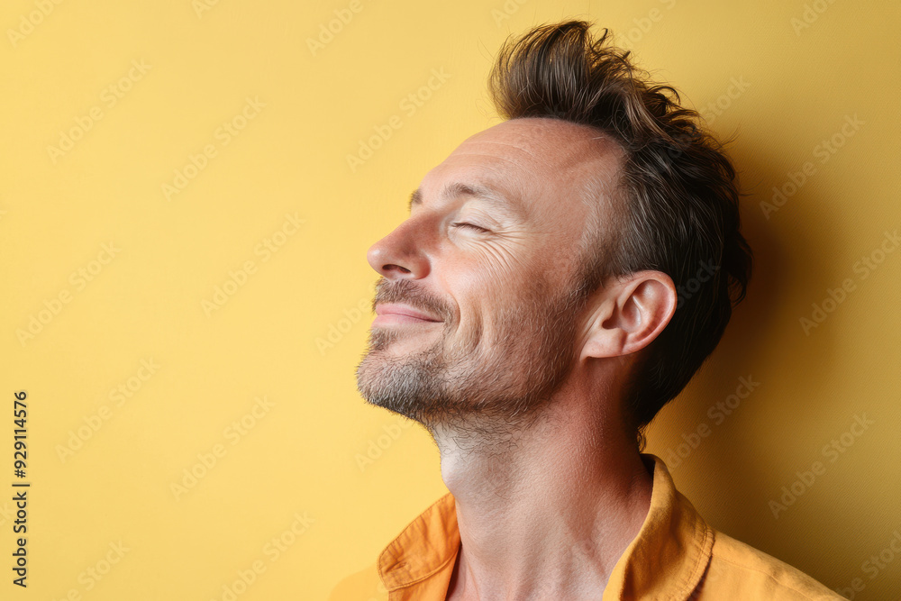 A close up of a man's face with his eyes closed