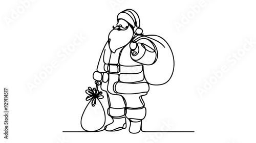 standing santa carrying bag of gift line art illustration
