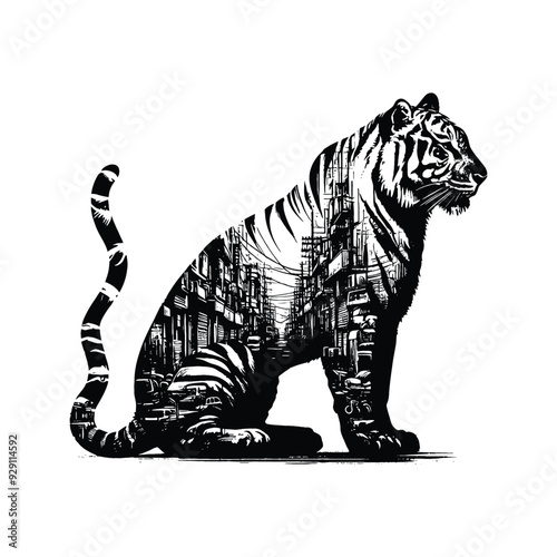 silhouette of Tiger filled with ghetto street in rough drawing, minimalist,