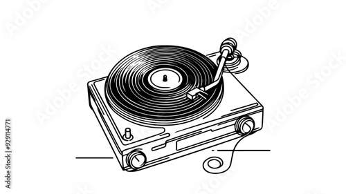 turntable with a spinning vinyl record line art drawing