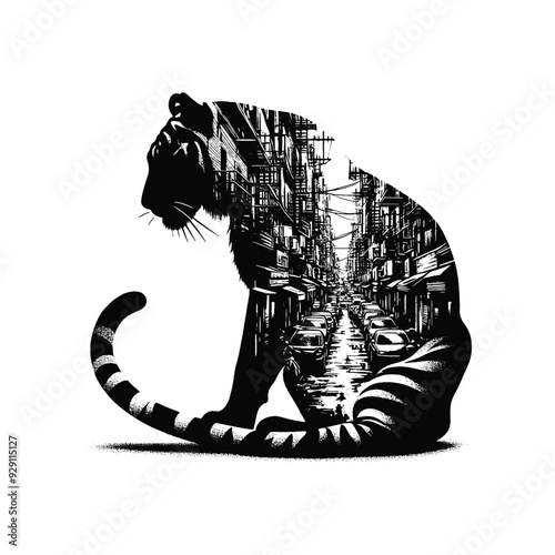silhouette of Tiger filled with ghetto street in rough drawing, minimalist,