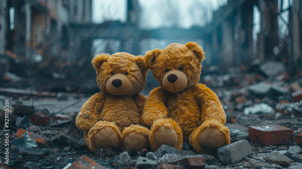 A teddy bear amidst the ruins of a dilapidated urban street A teddy bear amidst the ruins of a dilapidated urban street