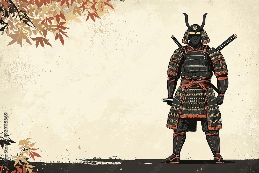 Obraz premium A vector background depicting a samurai in traditional, detailed armor, standing proudly. Subtle textures highlight the intricate design, exuding honor and strength, with elements of ancient Japanese 