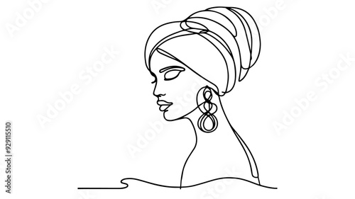 woman with a turban wearing pair of hoop earrings one line drawing