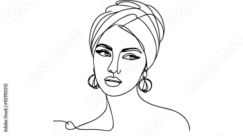 woman with a turban wearing pair of hoop earrings one line drawing