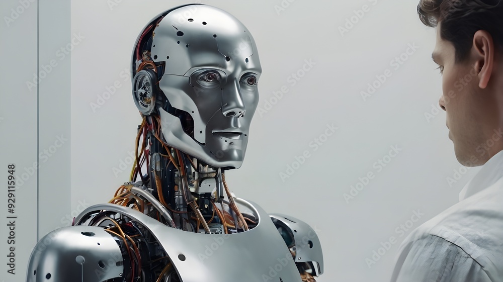 Ai robot and human competition isolated on white background Ai robot and human competition isolated on white background