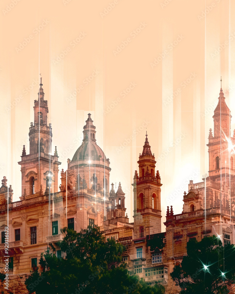 Fototapeta premium Gozo Malta Skyline Double Exposure Composite Poster Art - A building with many towers
