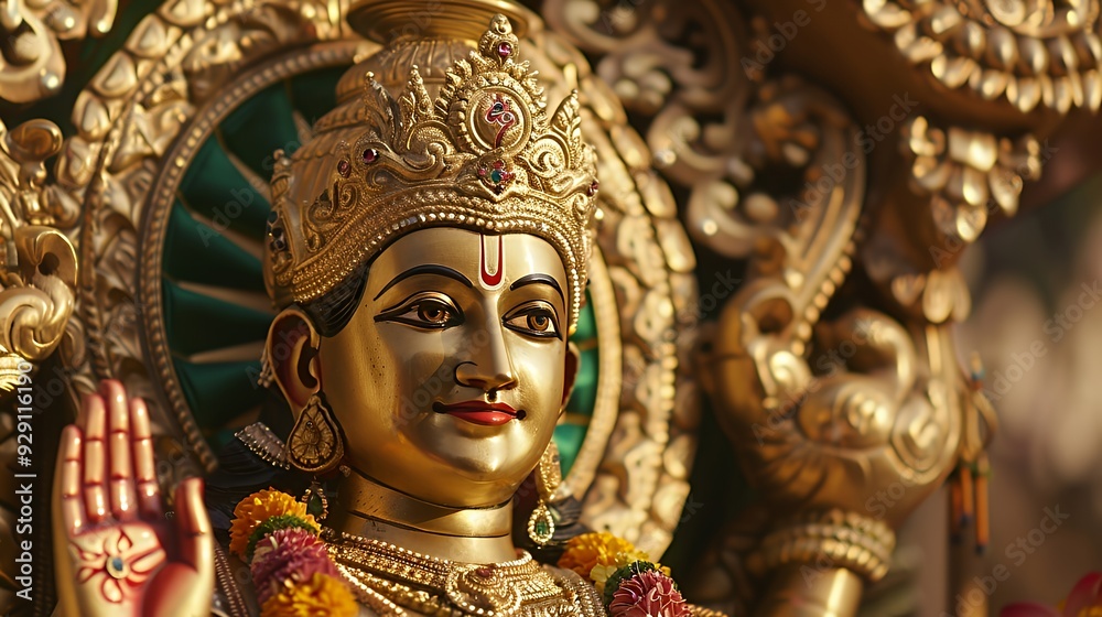 A close-up of a golden statue depicting a deity, adorned with flowers and intricate designs. A close-up of a golden statue depicting a deity, adorned with flowers and intricate designs.