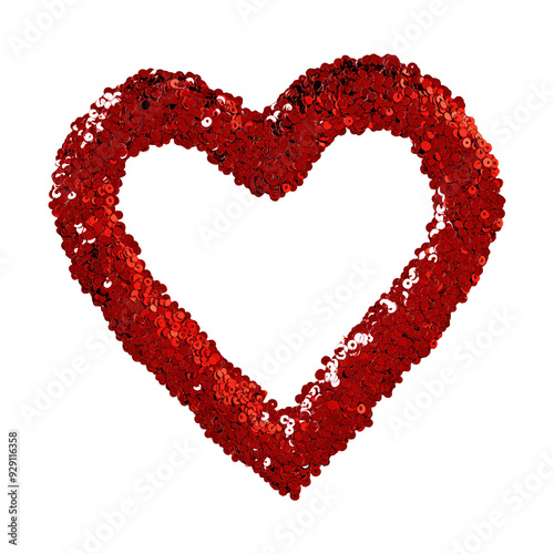 Bright red sequined heart shape, semi-transparent background ideal for design overlays and festive decor