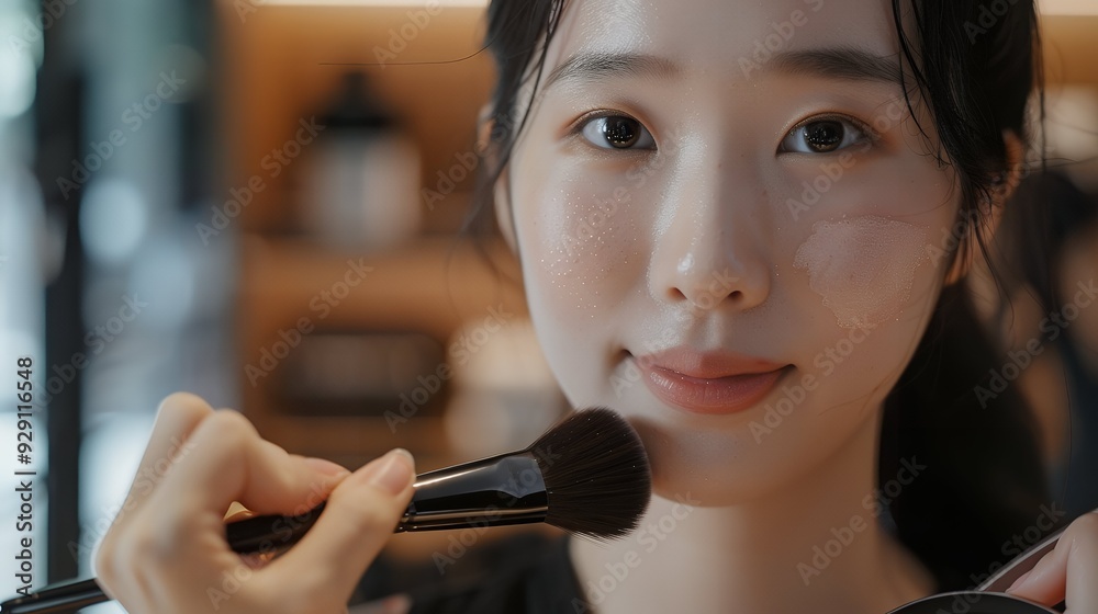 Beautiful young woman applying foundation powder or blush with makeup brush,girl holding make-up brushes and make up on face with skincare,pink cheek girl,cosmetics set,facial beauty. Beautiful young woman applying foundation powder or blush with makeup brush,girl holding make-up brushes and make up on face with skincare,pink cheek girl,cosmetics set,facial beauty.
