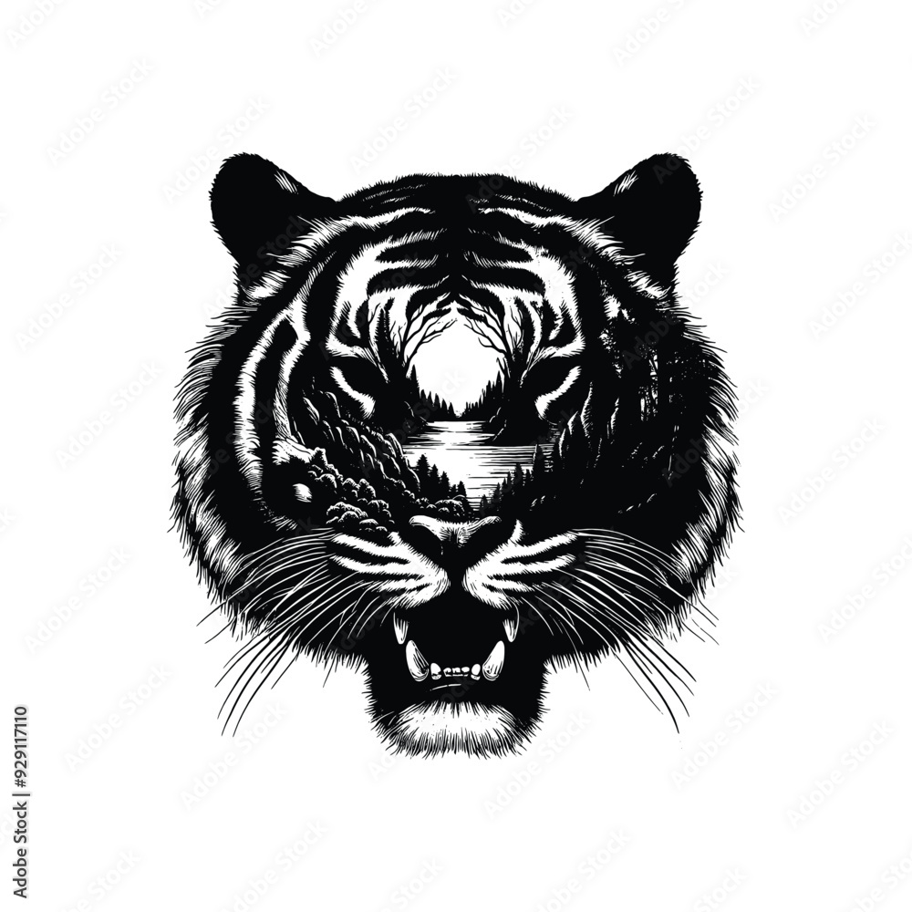 silhouette of Tiger , filled with nature view in rough drawing, minimalist, silhouette of Tiger , filled with nature view in rough drawing, minimalist,