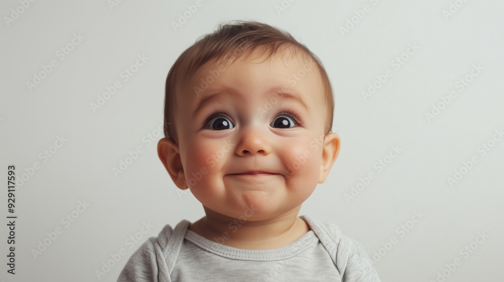 Pretty little child Baby anticipation emotion on neutral background with copyspace Pretty little child Baby anticipation emotion on neutral background with copyspace