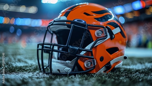 Wallpaper Mural orange and black matte helmet with the Tiger logo on it, placed in front of blue stadium lights.  Torontodigital.ca