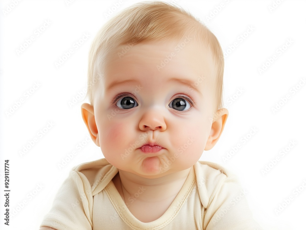 Pretty little child Baby anticipation emotion on neutral background with copyspace Pretty little child Baby anticipation emotion on neutral background with copyspace