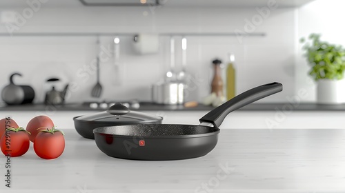 Pans in kitchen background