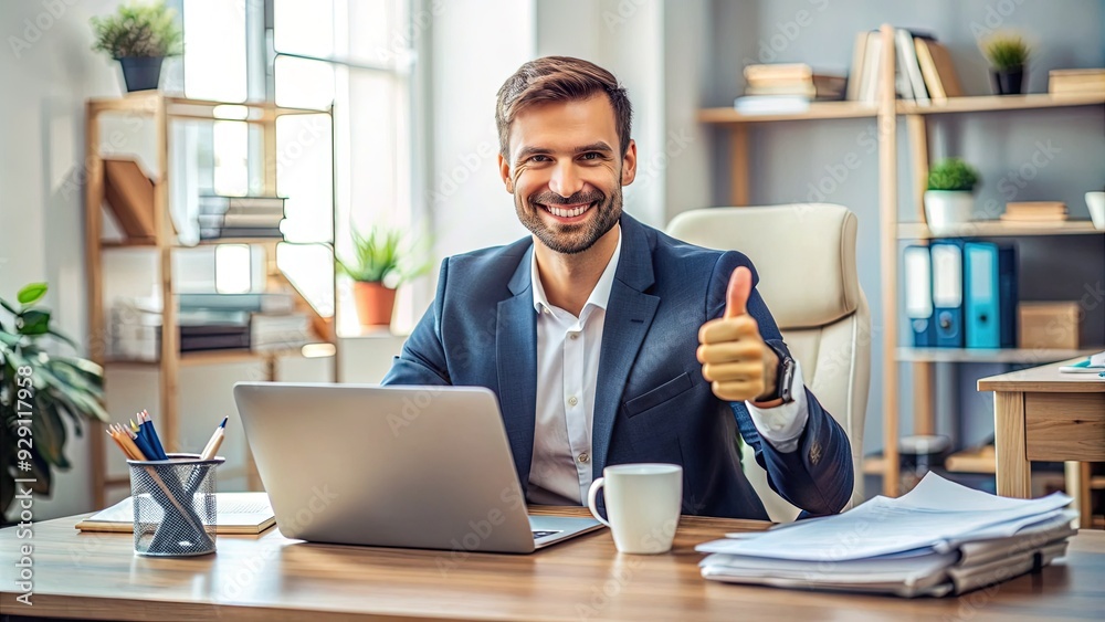 Smiling colleague gives a thumbs up while sitting at a cluttered office desk surrounded by papers, laptops, and coffee cups, conveying approval and satisfaction. Smiling colleague gives a thumbs up while sitting at a cluttered office desk surrounded by papers, laptops, and coffee cups, conveying approval and satisfaction.