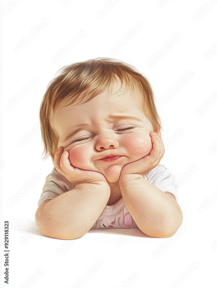 Pretty little dreamy child portrait painting smiling with eyes closed touching cheeks with hands on neutral background