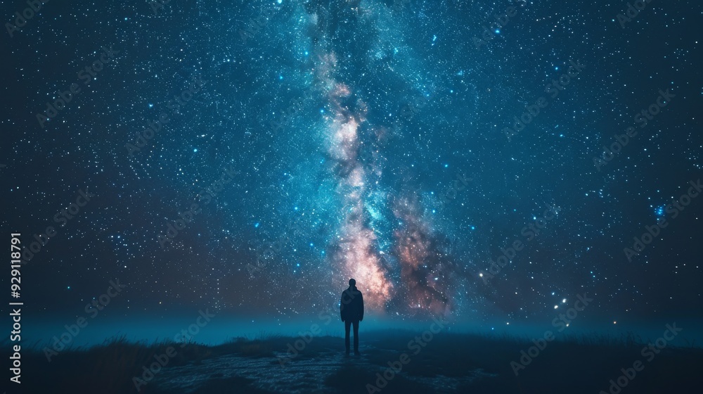 Fototapeta premium Silhouette of a man standing under the twinkling night sky on a hill. While looking at the stars and various celestial objects.