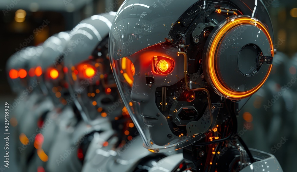 A group of transparent humanoid robots with glowing red eyes and orange circuitry inside their heads. A group of transparent humanoid robots with glowing red eyes and orange circuitry inside their heads.