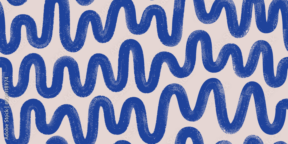 Brush, marker, ink drawn bold doodle lines seamless pattern. Abstract modern geometric blue wavy ornament vector background